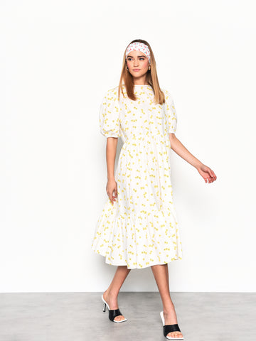 Glamorous White Yellow Flower Midi Dress