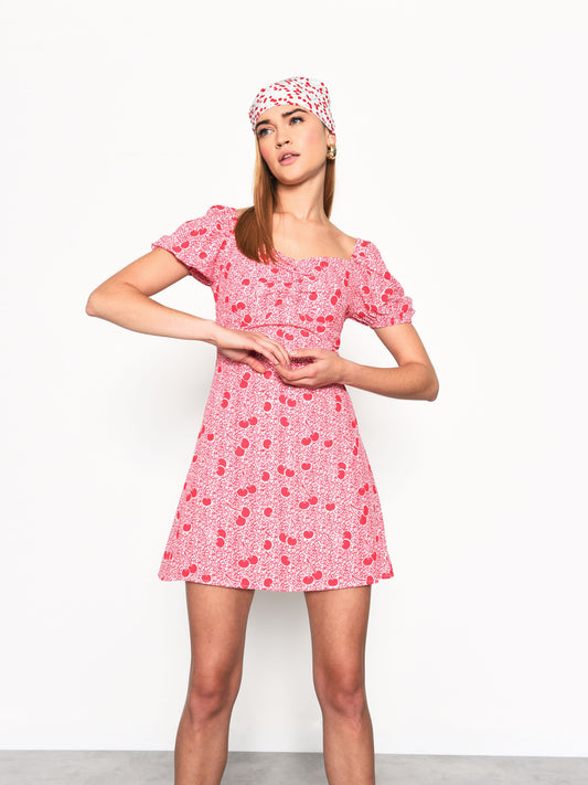 Pink Cherry Print A-Line Mini Dress