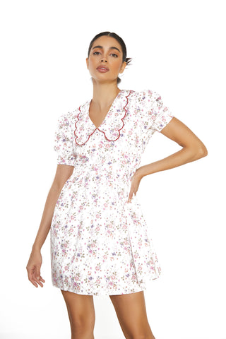 Glamorous White Vintage Flower Collar Short Sleeve Mini Dress