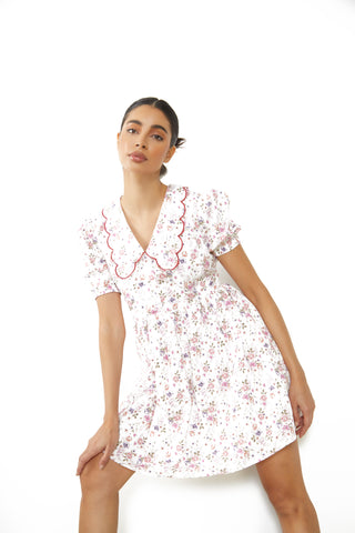 Glamorous White Vintage Flower Collar Short Sleeve Mini Dress