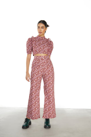 Glamorous Burgundy Chintz Floral High Waisted Trousers