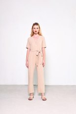 Glamorous V-Neck Button Up Jumpsuit in Light Stone