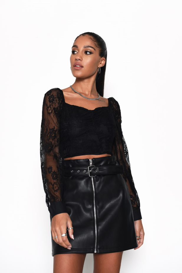 Glamorous Black Lace Sheer Long Sleeve Crop Top
