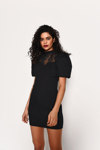 Glamorous Black Puff Sleeve Mini Dress with Contrasting Lace Panel