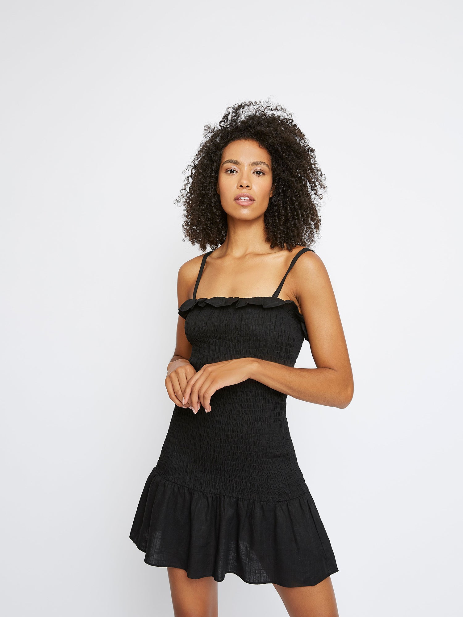 Glamorous Black Shirred Frill Trim Mini Dress