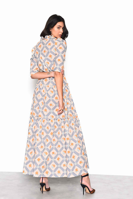 Glamorous Floral Cottage Gingham Tiered Maxi Dress with Frill Neck