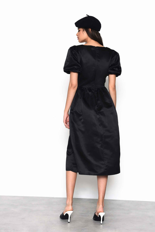 Glamorous Black Satin Puff Sleeve Square Neck Midi Dress