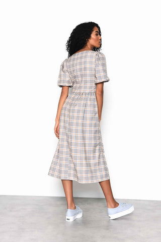 Glamorous Light Blue Multi Check Square Neck Puff Sleeve Midi Dress