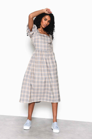 Glamorous Light Blue Multi Check Square Neck Puff Sleeve Midi Dress