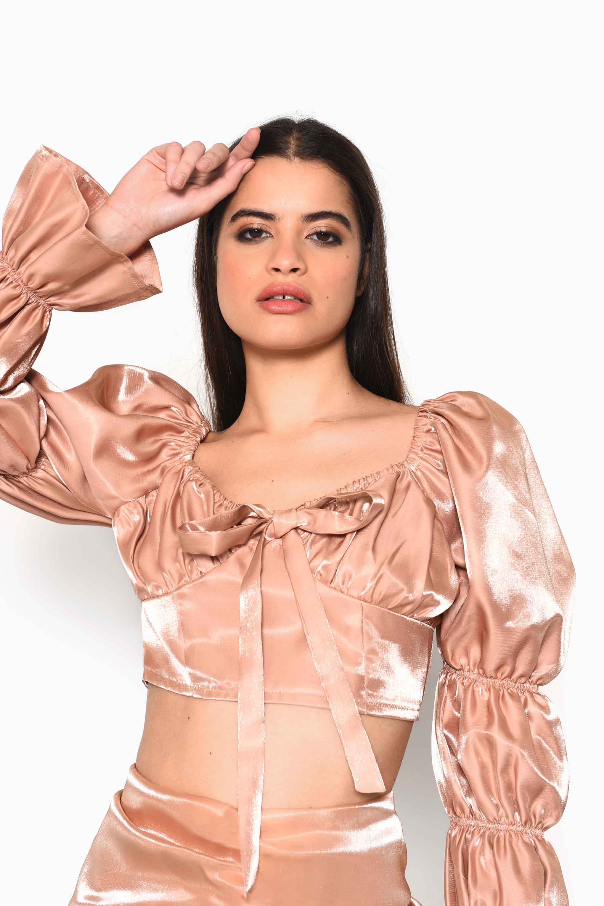 Glamorous Nude Shimmer Gather Sleeve Crop top with Rushed Bust detail