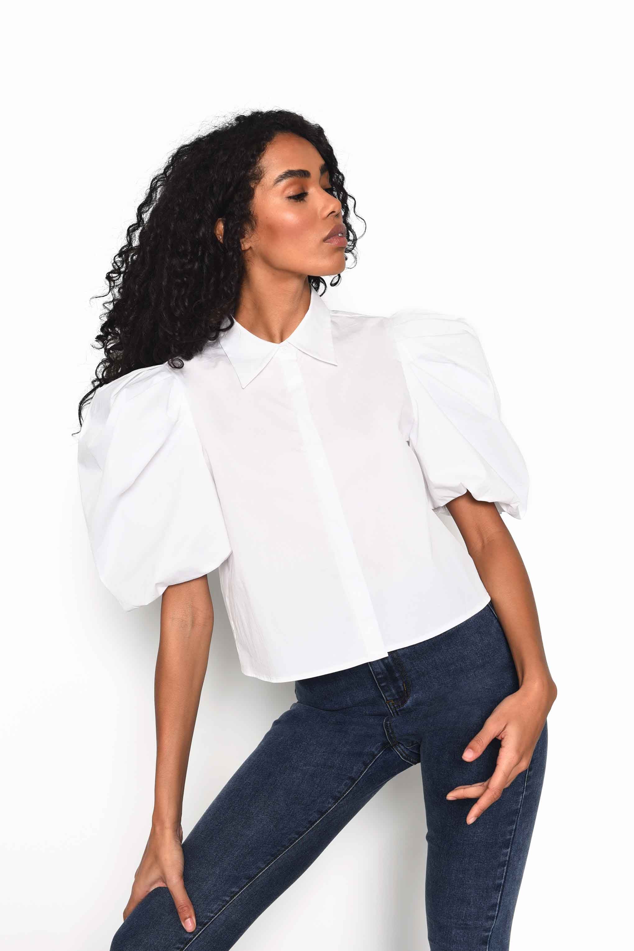 Glamorous Off White Pleated Puff Sleeve Shirt