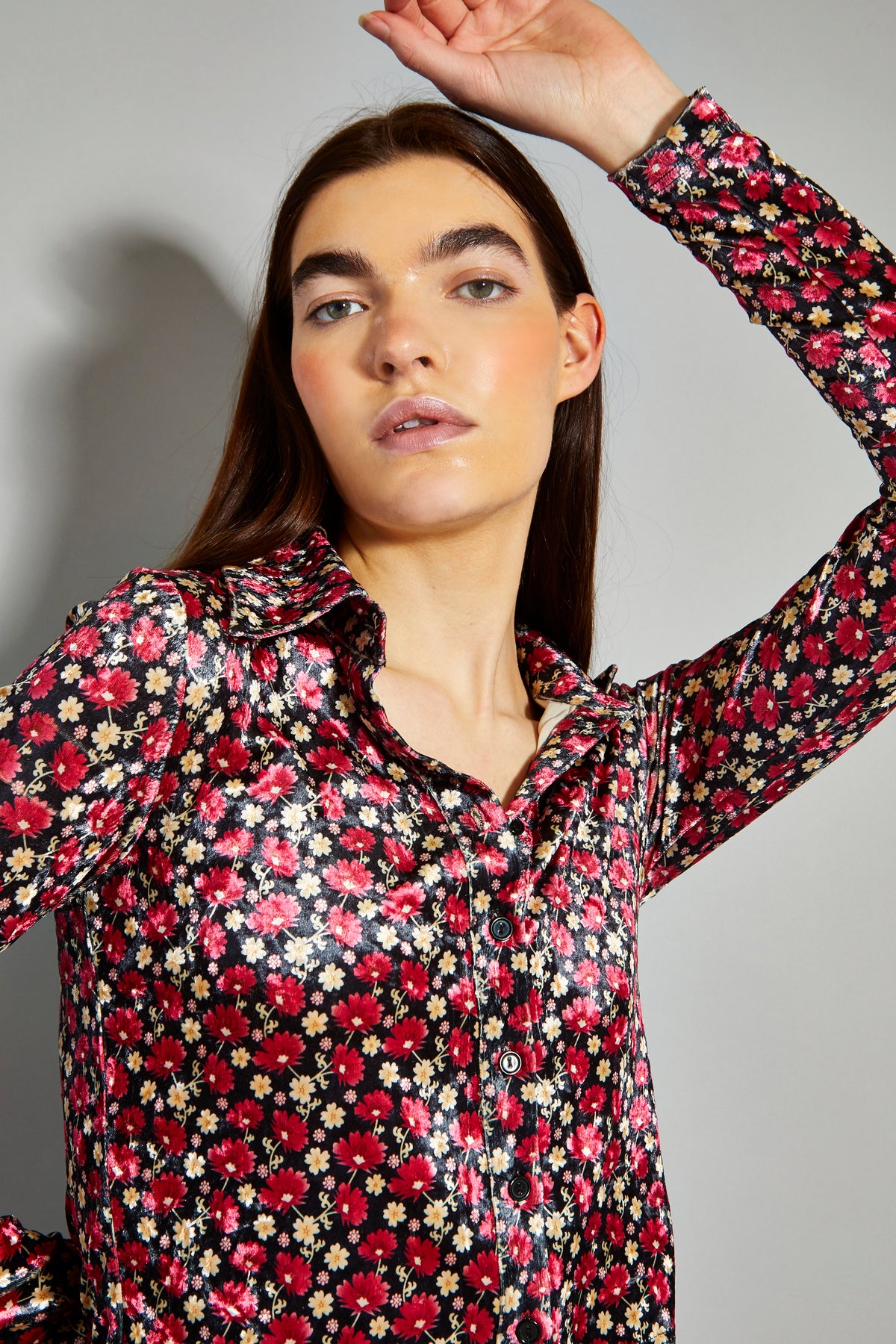 Glamorous Floral Print Velvet Button Front Shirt