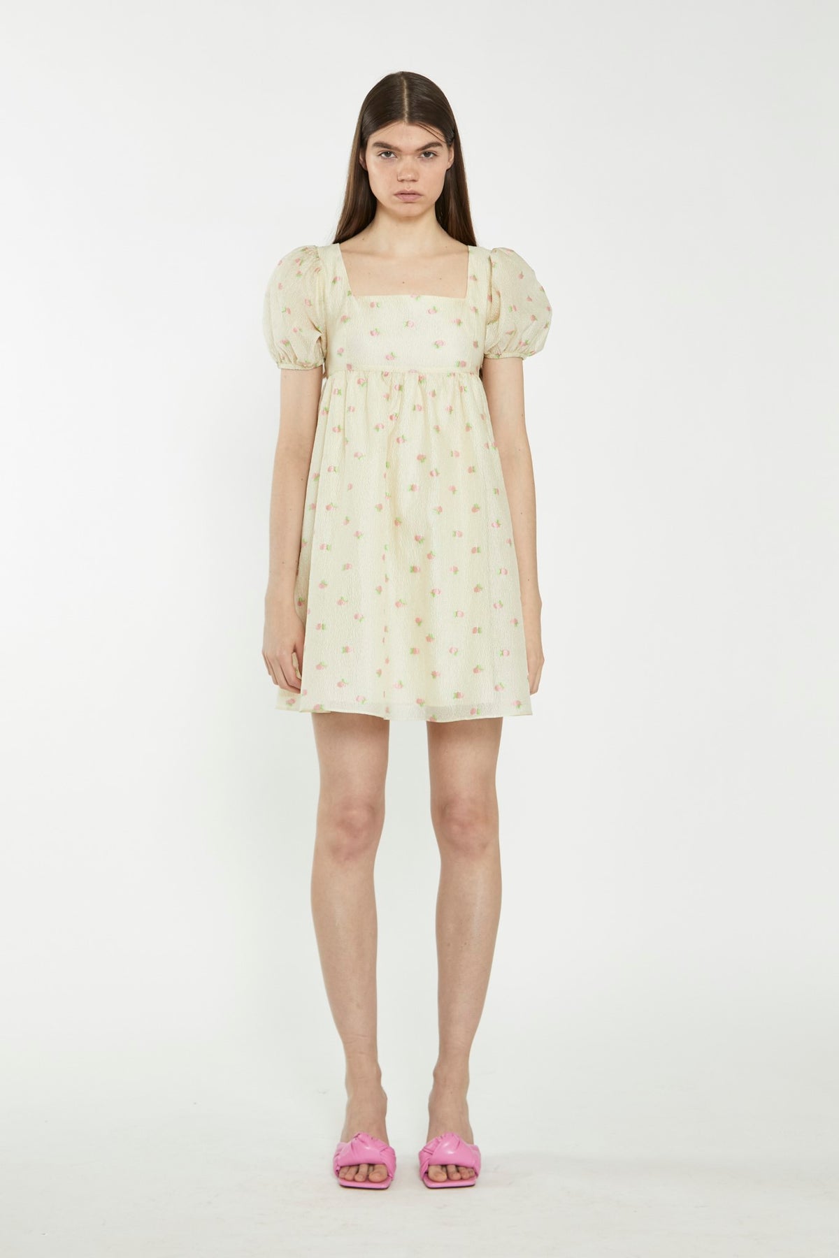 Yellow-Pink-Fruit-Organza Babydoll Mini Dress Yellow-Pink-Fruit-Organza Babydoll Mini Dress