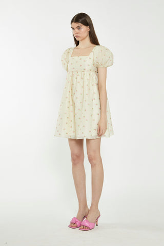 Yellow-Pink-Fruit-Organza Babydoll Mini Dress