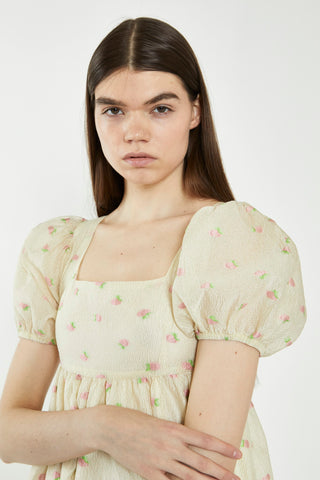 Yellow-Pink-Fruit-Organza Babydoll Mini Dress
