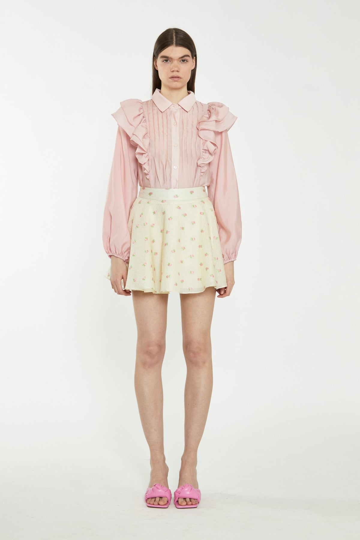 Dusty Pink Button-Front Ruffle Blouse