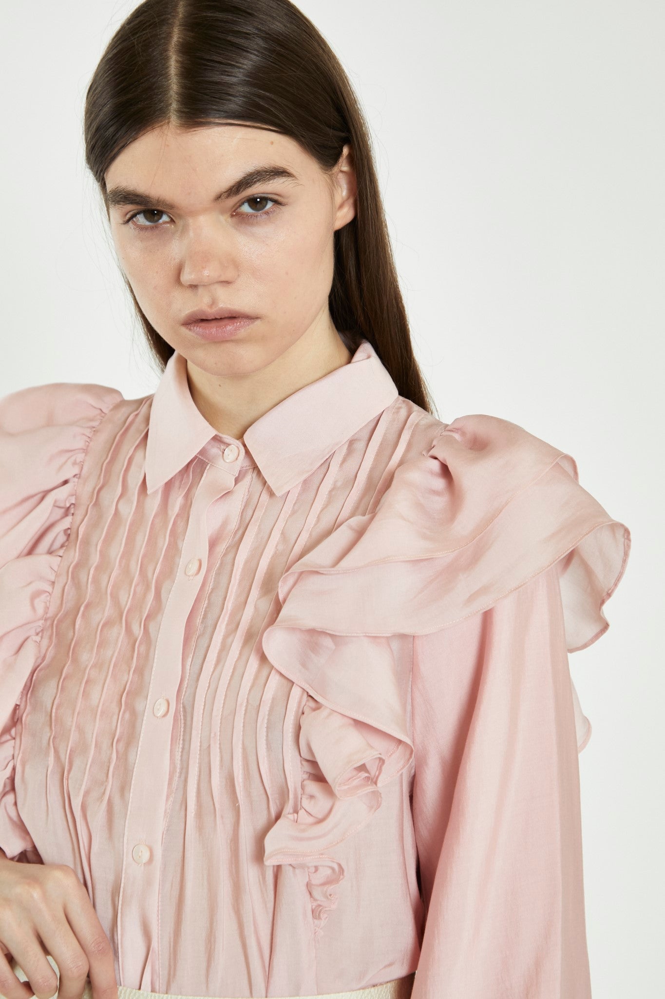 Dusty Pink Button-Front Ruffle Blouse
