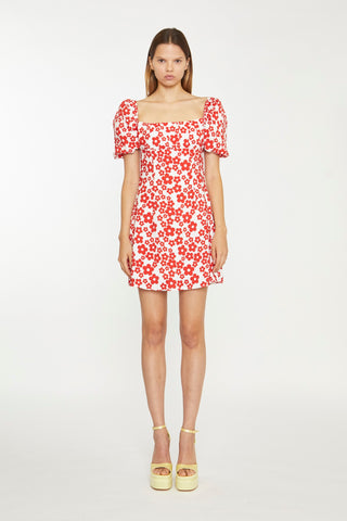 White-Red Flower Tie-Back Mini Dress