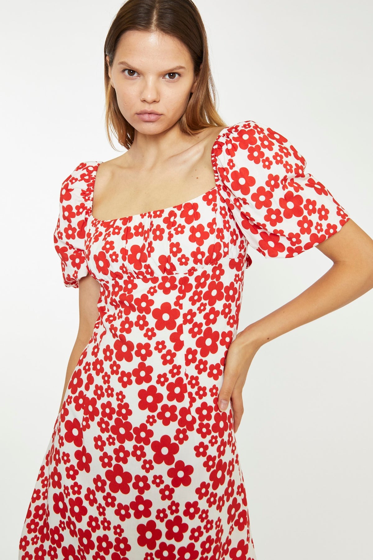 red dress with white flowers White-Red Flower Tie-Back Mini Dress