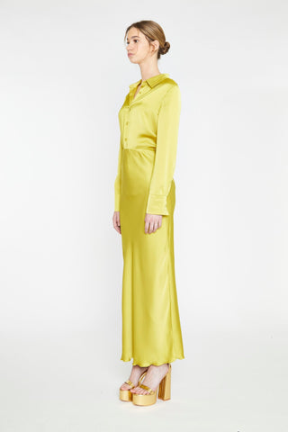 Chartreuse Satin Bias-Cut Midi-Skirt