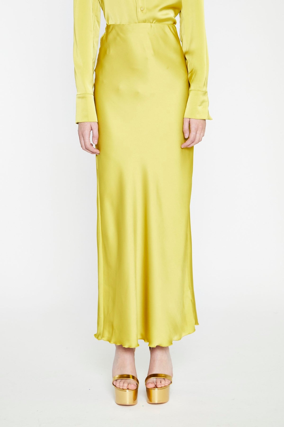 Chartreuse Satin Bias-Cut Midi-Skirt