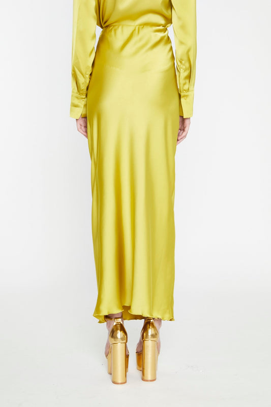 Chartreuse Satin Bias-Cut Midi-Skirt