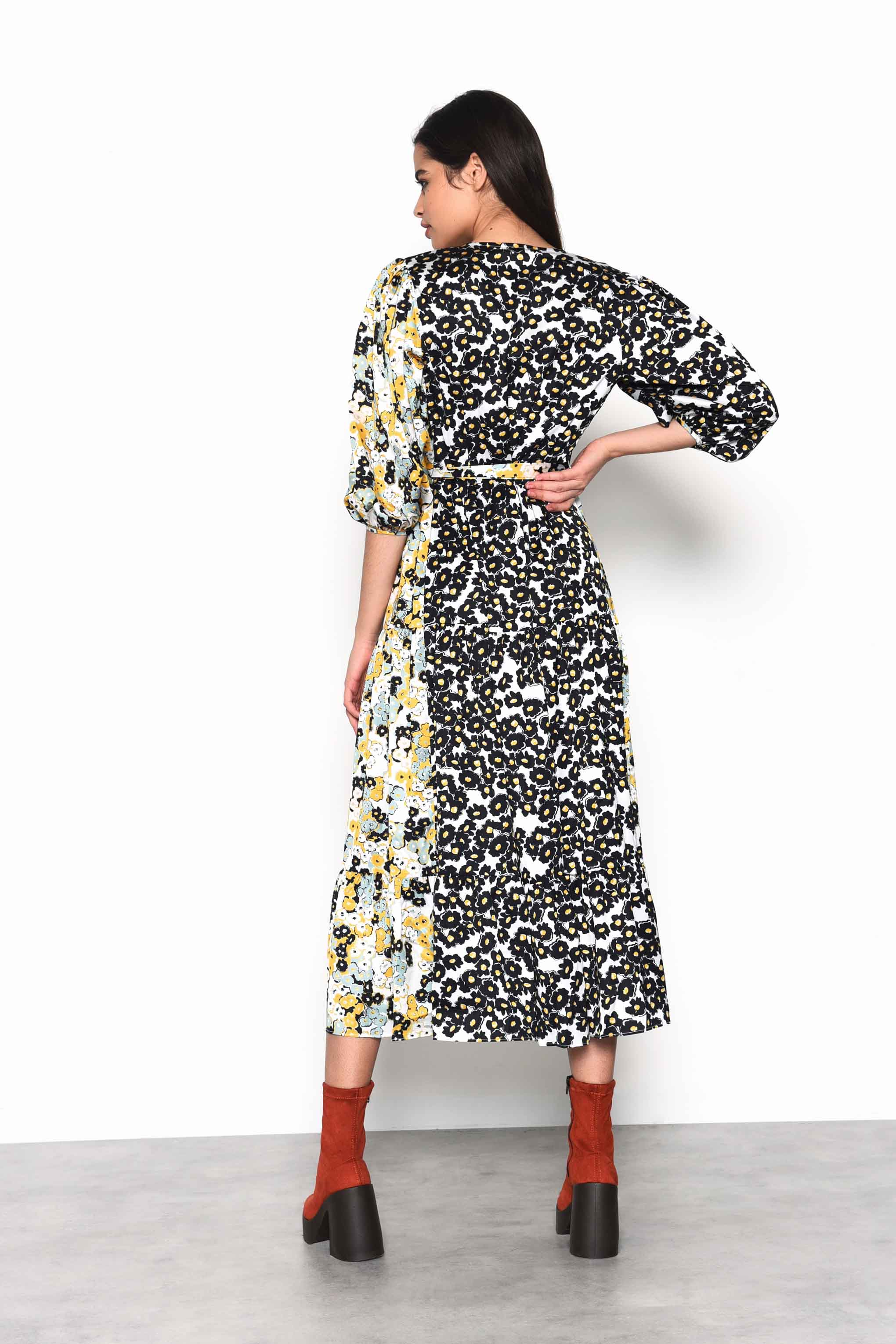 Glamorous Mono Mustard Floral Wrap Front Tiered Midaxi Dress
