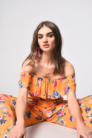 Glamorous Orange Tropical Print Bardot Jumpsuit