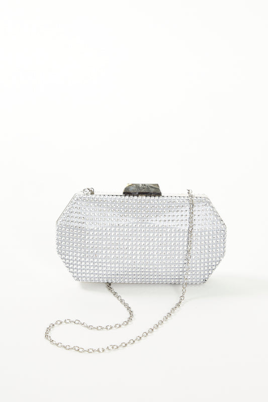 Glamorous Silver Crystal Embellished Clutch Bag