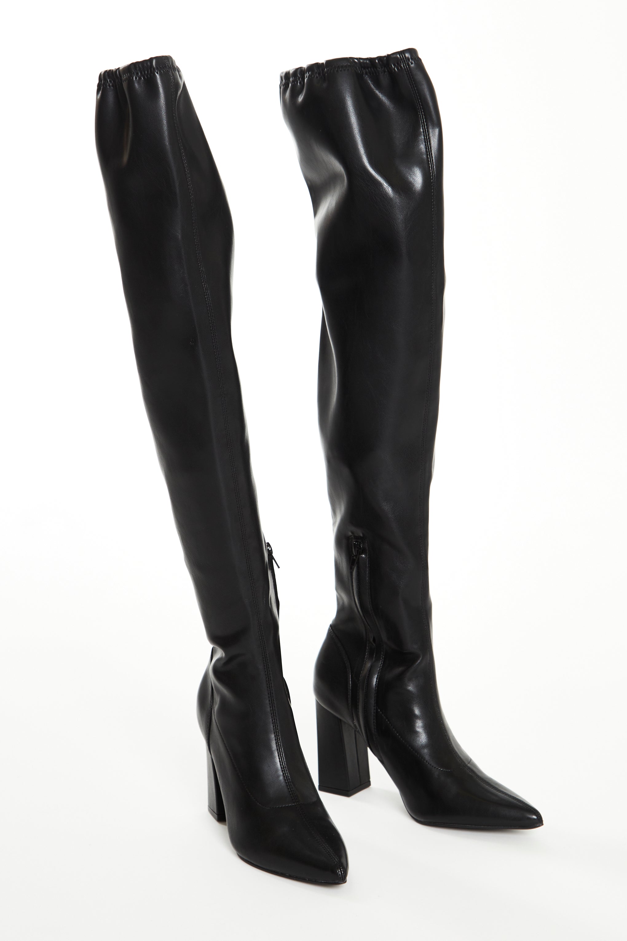 Glamorous Black PU Knee High Block Heel Boots Glamorous