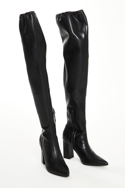 Glamorous Black PU Knee High Block Heel Boots