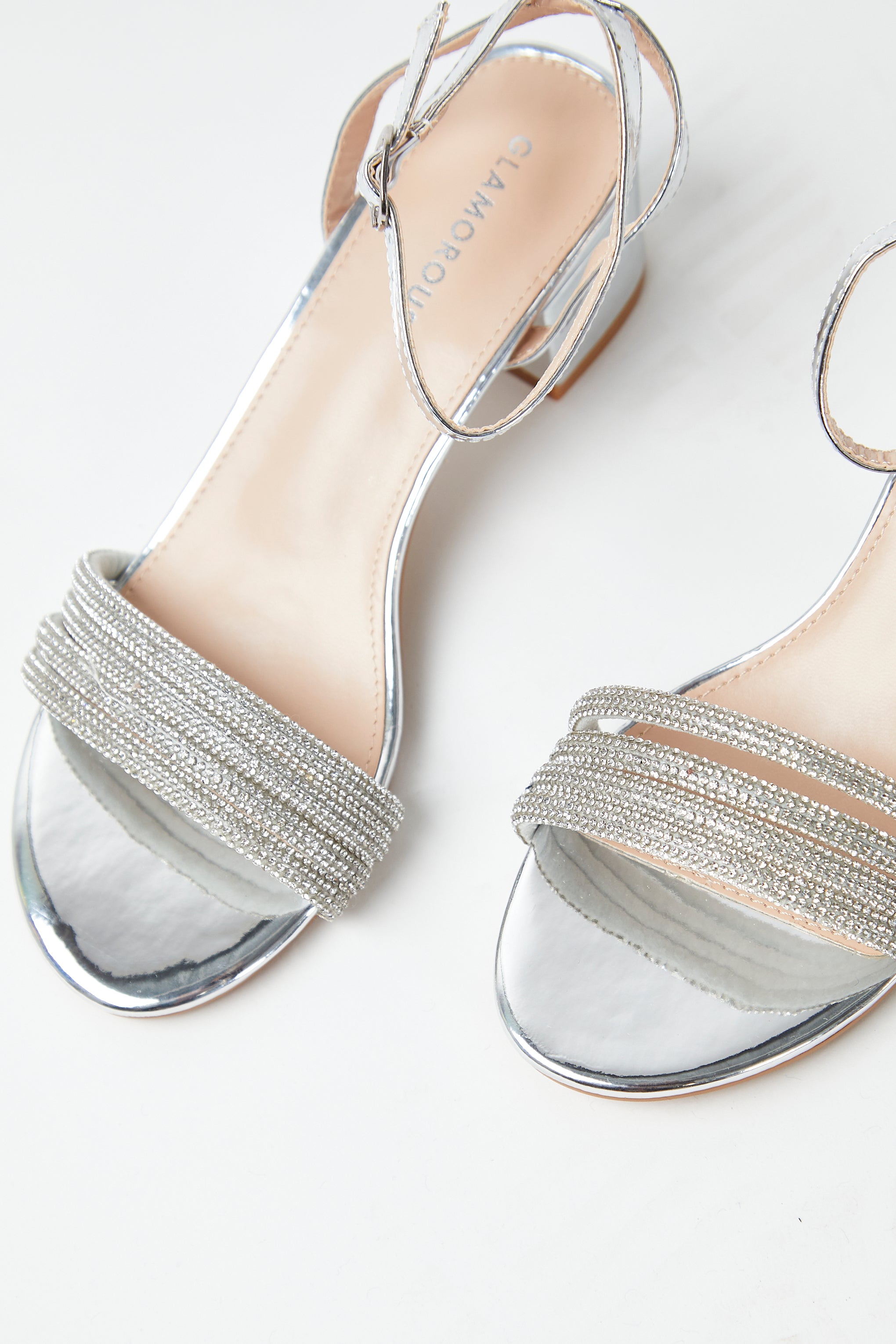 Silver Glitter 'Etta' Wide Fit Low Heel Ankle Strap Sandals by Paradox  London | Look Again