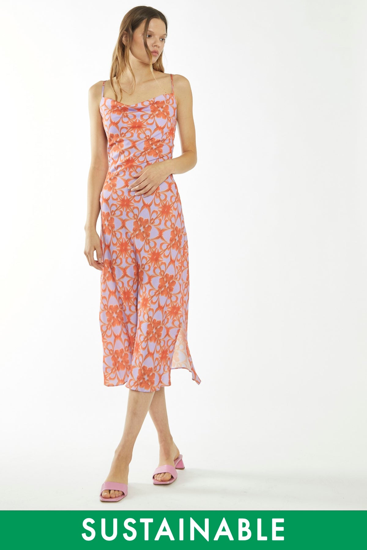 Lilac-Orange Tribal Print Cowl-Neck Slip Midi-Dress