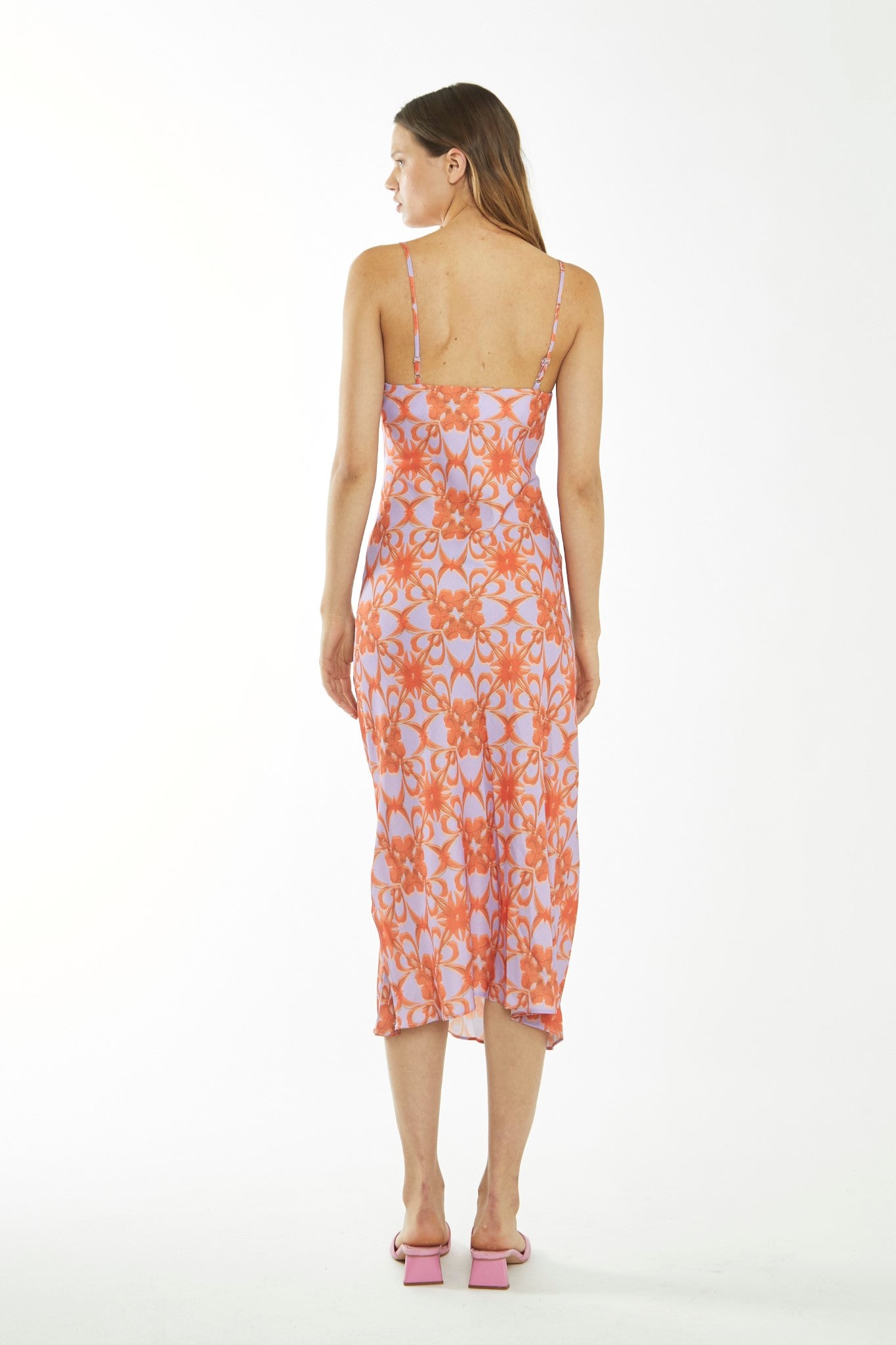Lilac-Orange Tribal Print Cowl-Neck Slip Midi-Dress