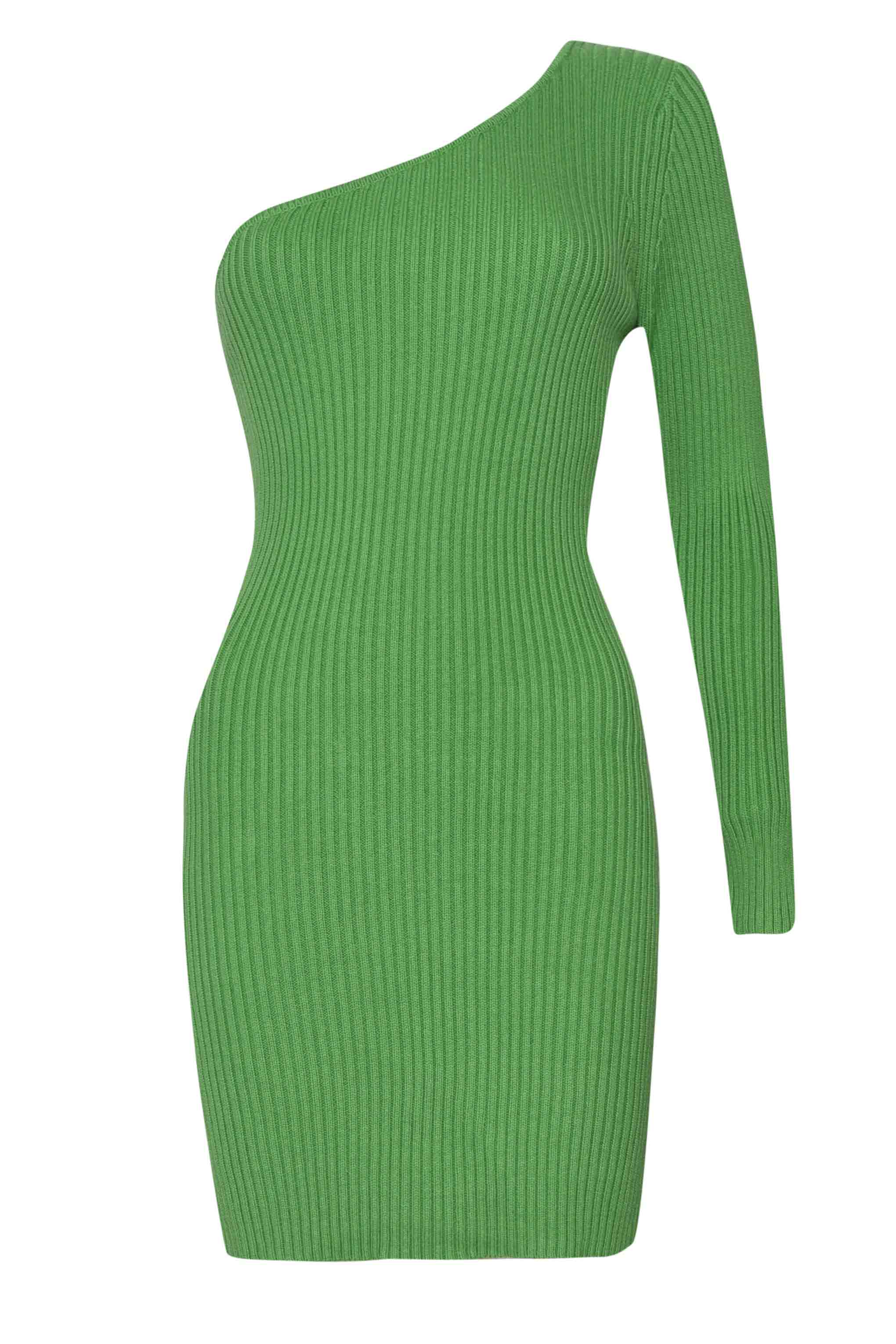 Glamorous Green Ribbed One Shoulder Long Sleeve Bodycon Mini Dress