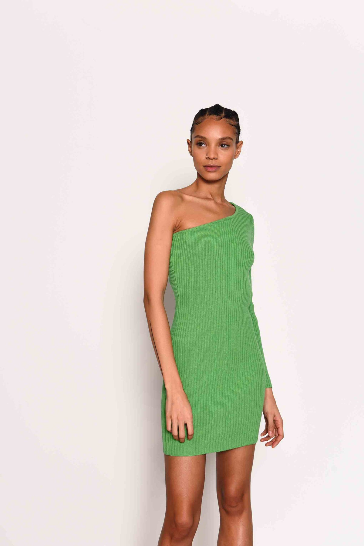 Glamorous Green Ribbed One Shoulder Long Sleeve Bodycon Mini Dress