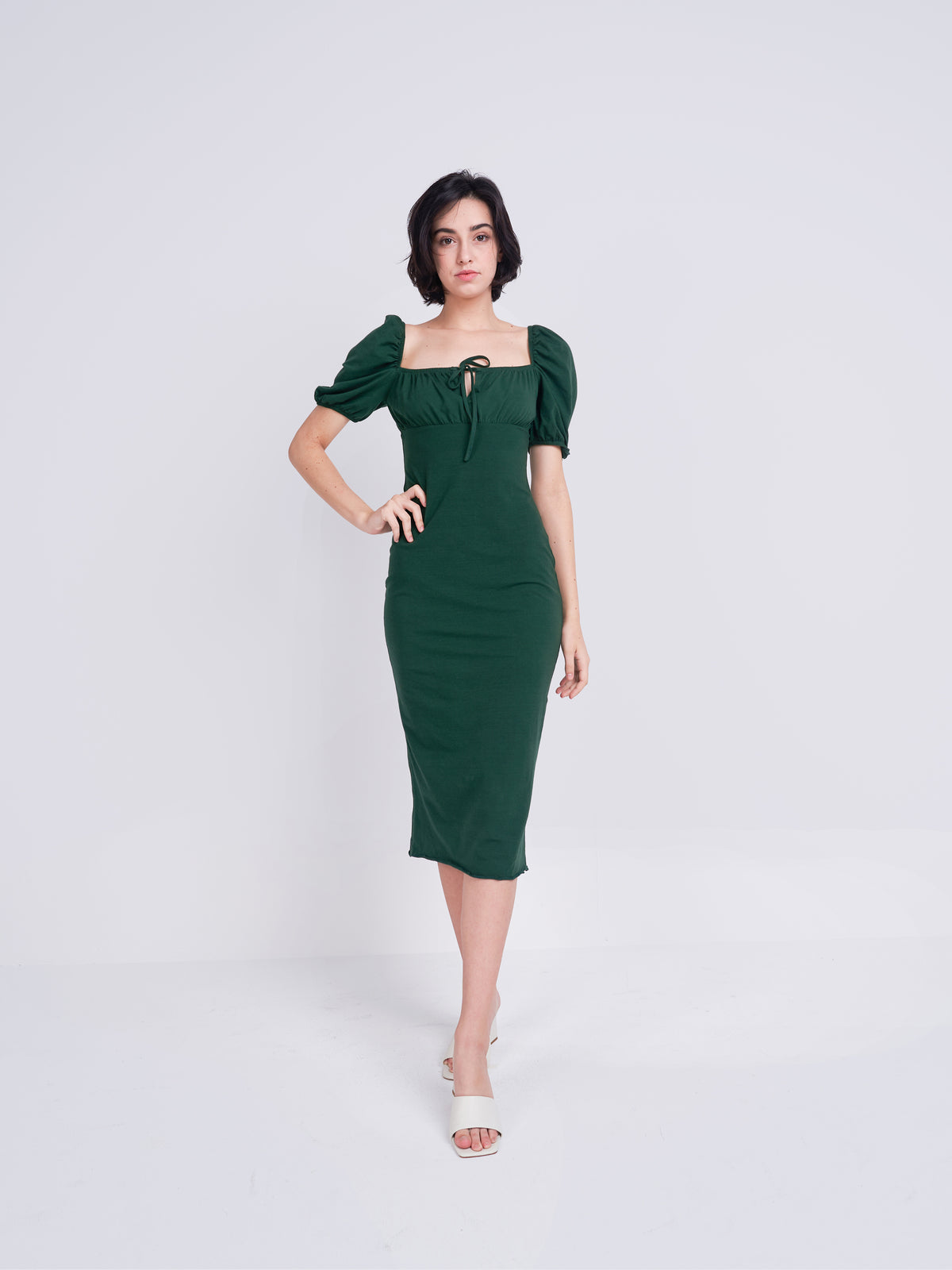 Glamorous Care Forest Green Tie Front Midi Dress