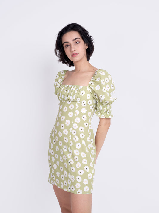 Glamorous Care Olive Green Flower Puff Sleeve Mini Dress
