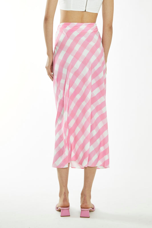 Pink Watercolour-Gingham Bias-Cut Midi-Skirt