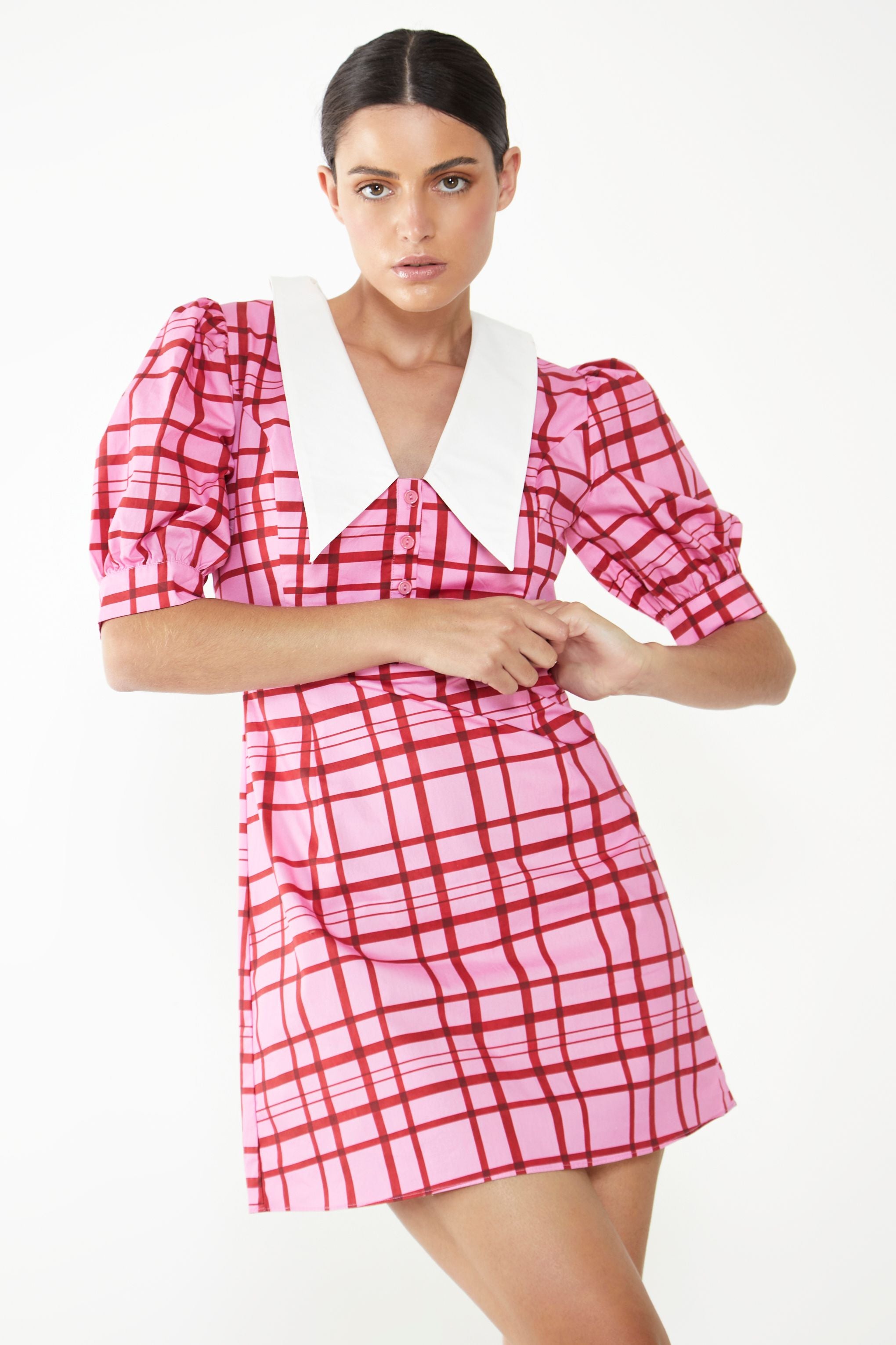 Glamorous Short Puff Sleeve Pink Red Grid Check Mini Dress with Collar Detail
