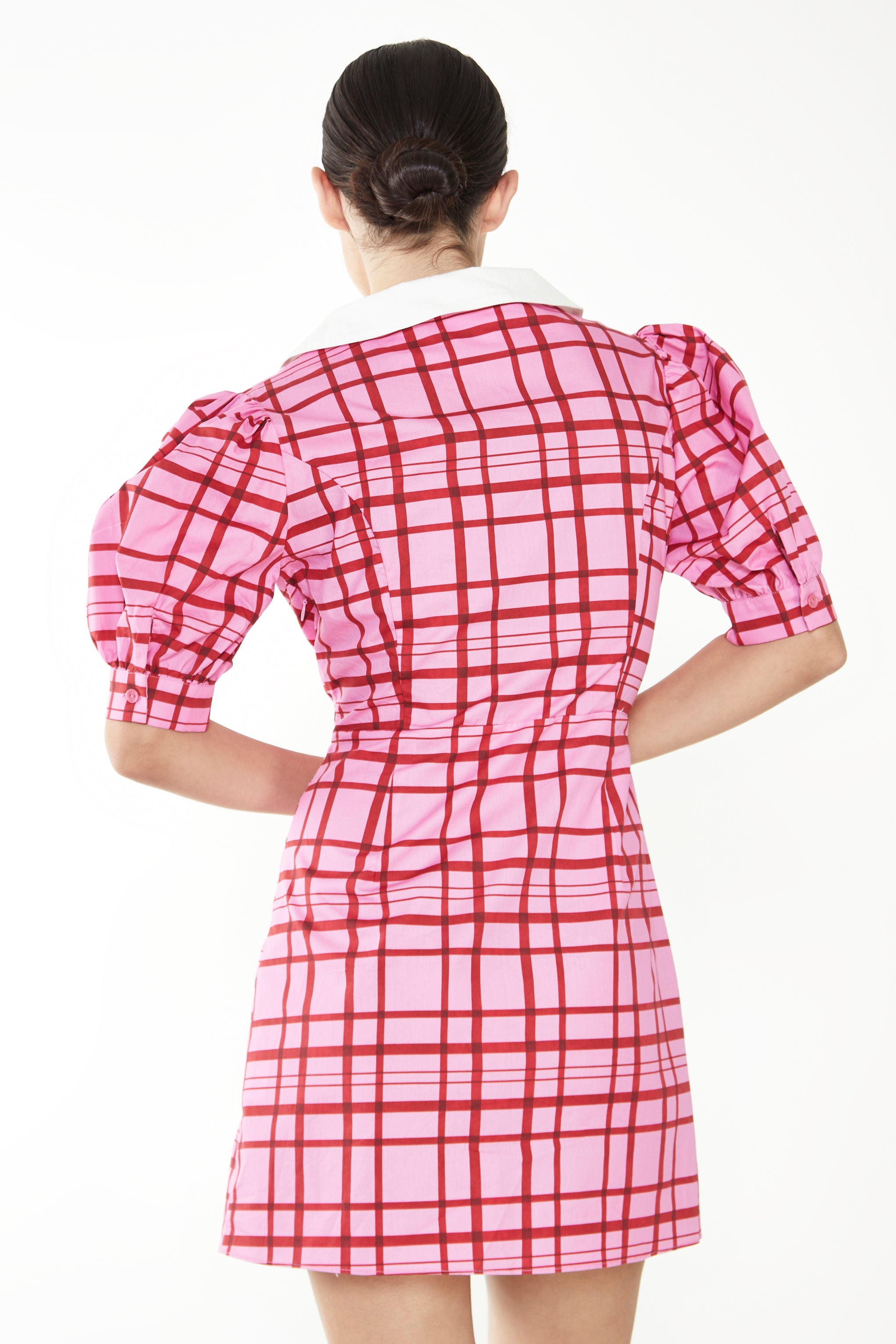 Glamorous Short Puff Sleeve Pink Red Grid Check Mini Dress with Collar Detail