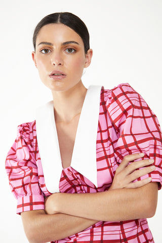 Glamorous Short Puff Sleeve Pink Red Grid Check Mini Dress with Collar Detail