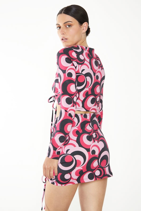 Glamorous Care Pink Circle Print Drawstring Ruched Mini Skirt