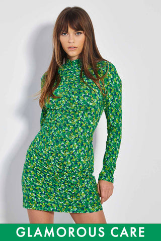Glamorous Care Lime Blue Floral Ruched Front Mini Dress