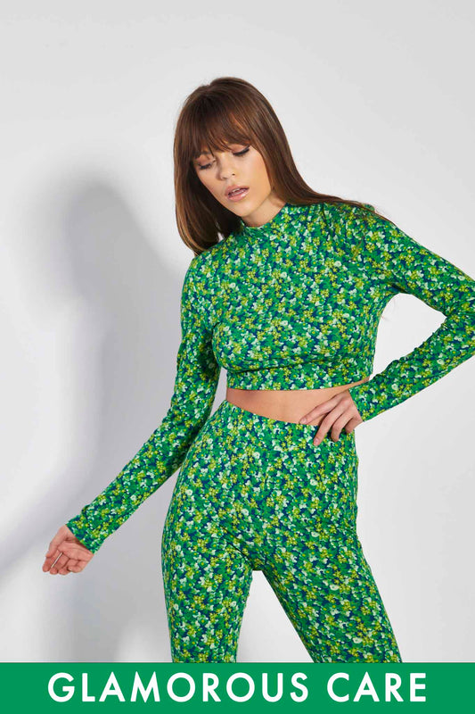Glamorous Lime Blue Floral High Neck Long Sleeve Crop Top