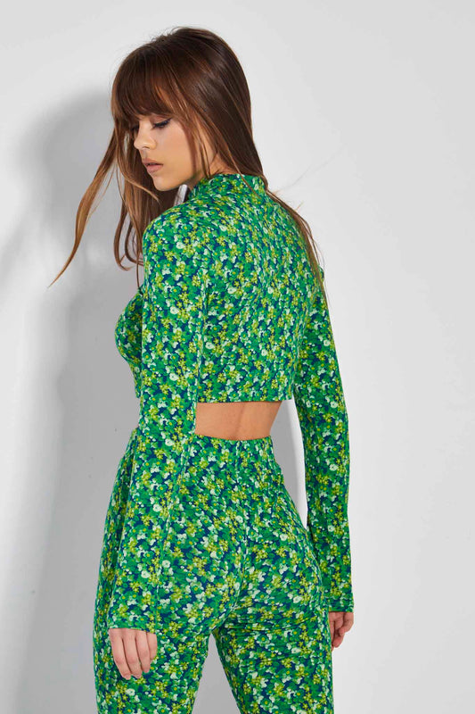 Glamorous Lime Blue Floral High Neck Long Sleeve Crop Top