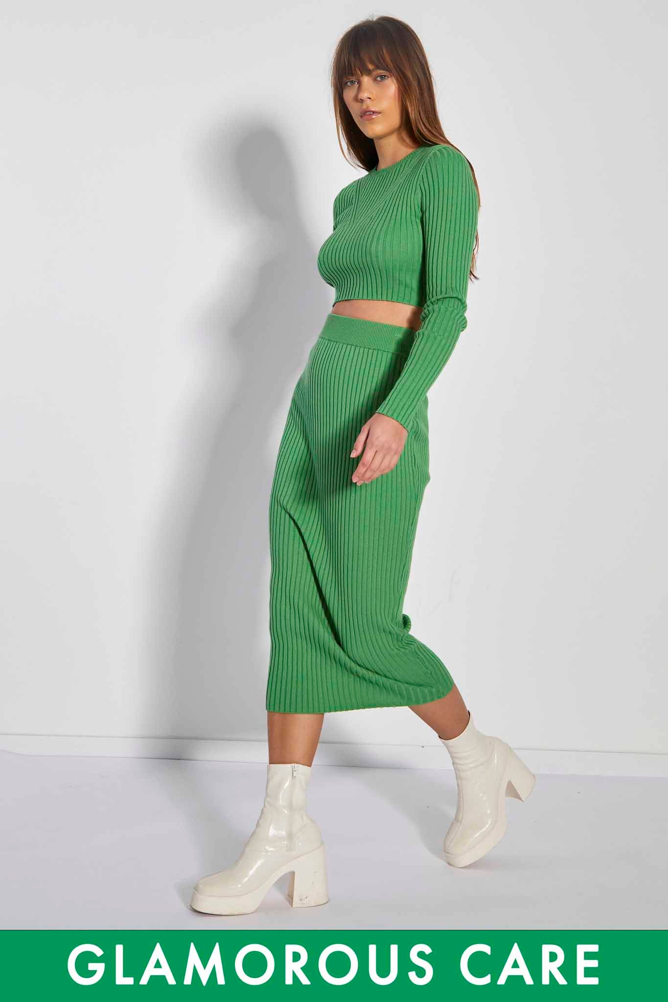 Maxi Skirt Rib Knit Midi Skirt Co-ord Glamorous Care Apple Green