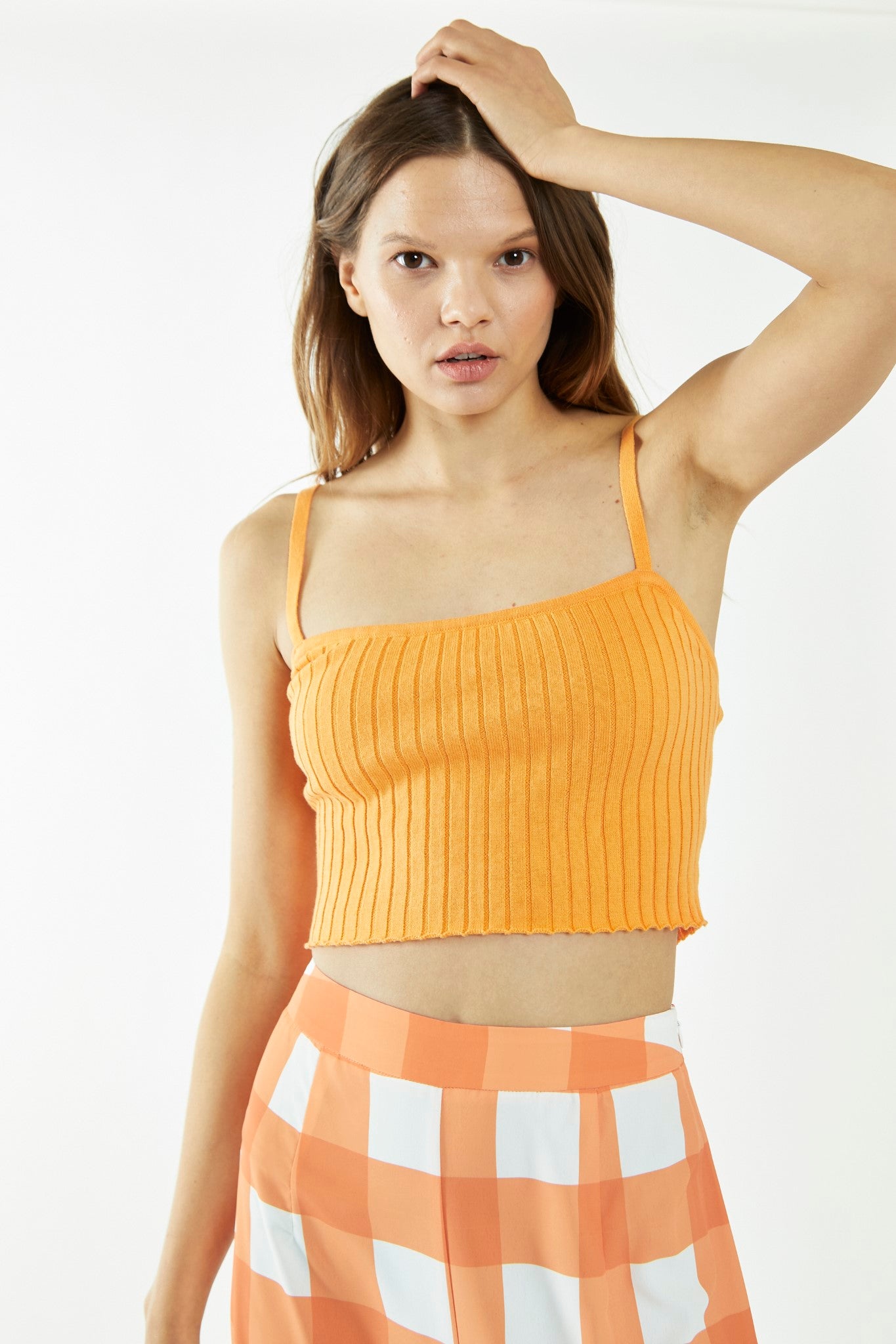Pastel-Orange Rib Knit Cami Crop-Top