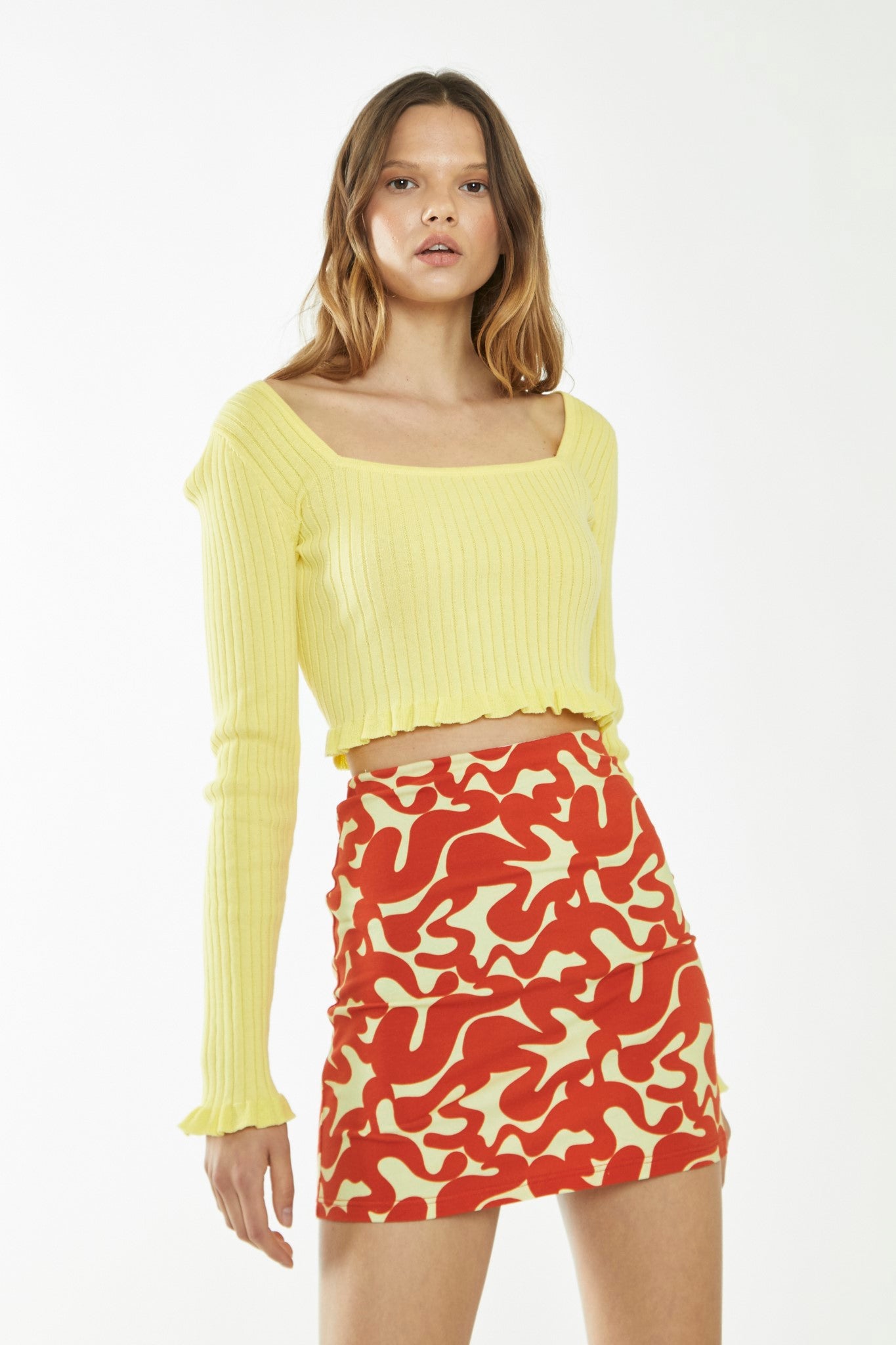 Banana-Orange Squiggle Jersey Mini Skirt