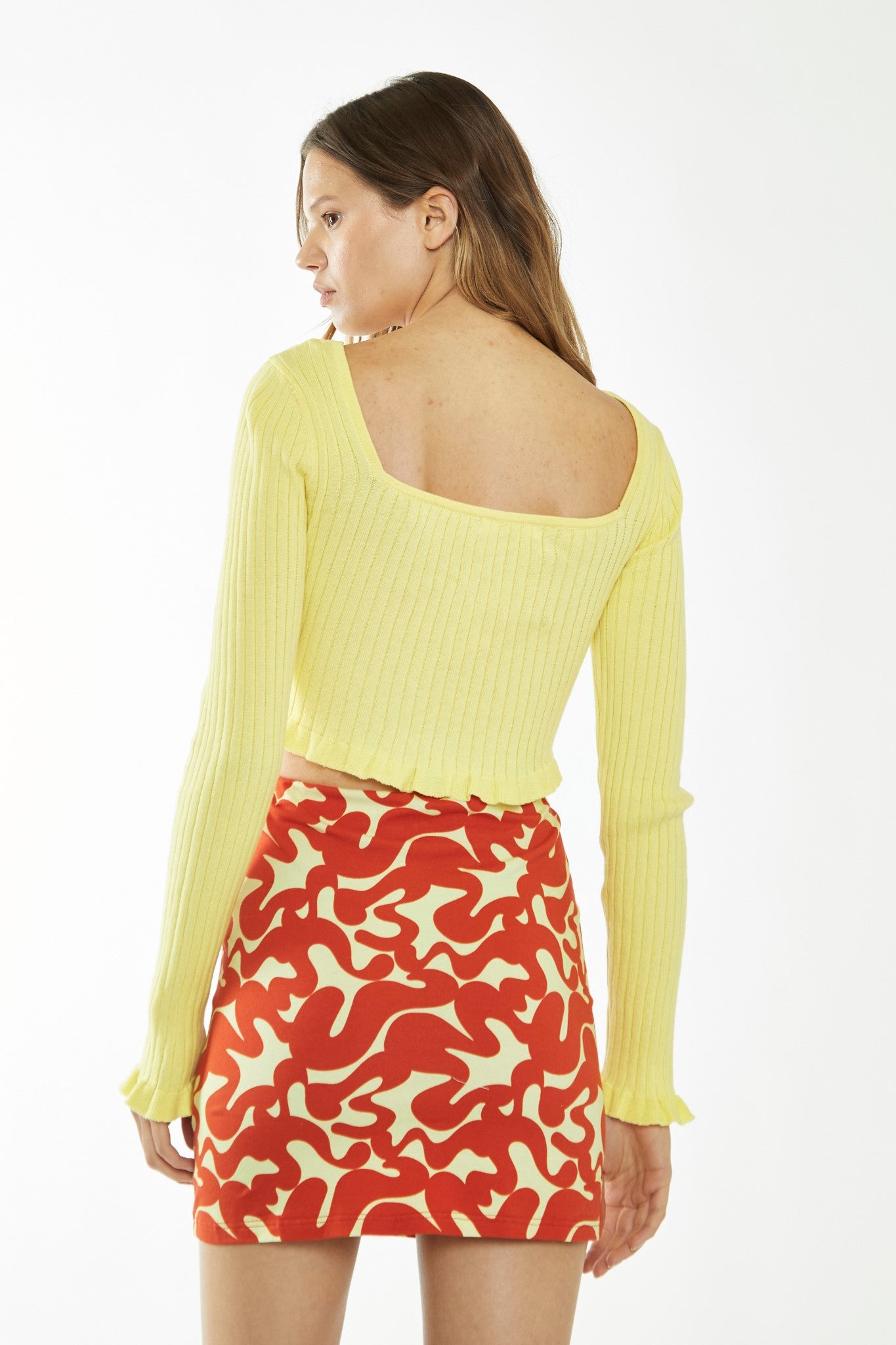 Banana-Orange Squiggle Jersey Mini Skirt